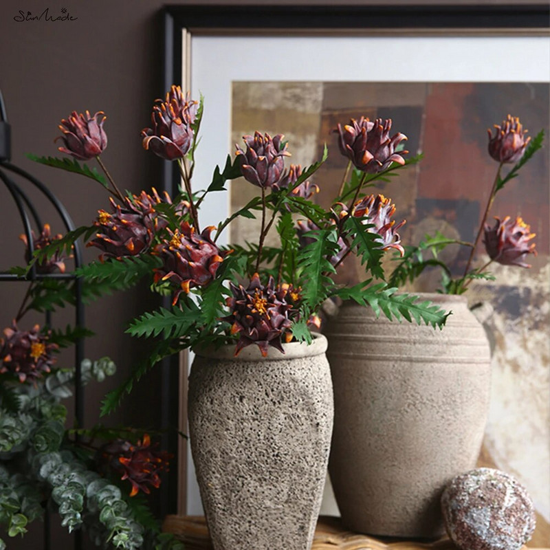 SunMade Luksuzni 2-Head Protea Cynaroides Grana Vintage lažno cvijeće Jesenski ukrasi Home Hotel Decor Fleurs Artificiais Vjenčanje
