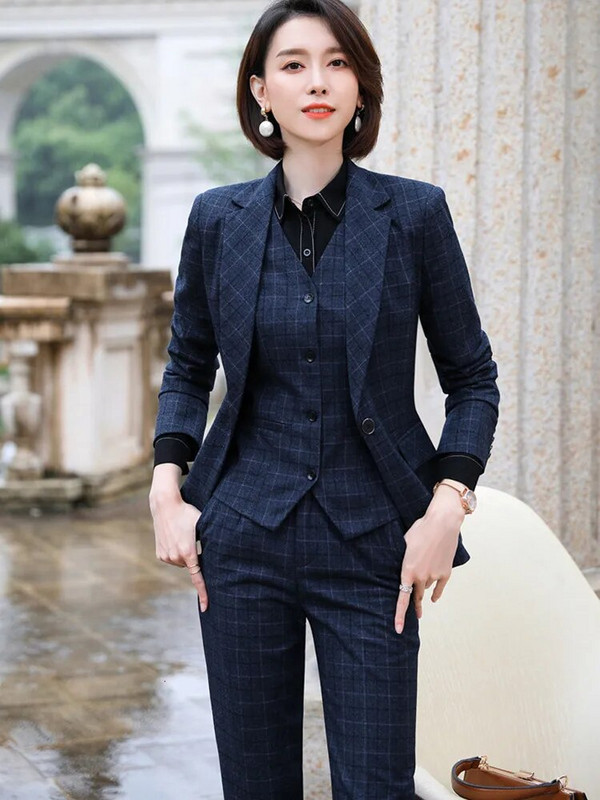 3 dalių rinkinys Verslo darbo uniformos liemenės ir kostiumas su švarku Moteriškas languotas švarkas Biuro moteriškos kelnės 2022 m. rudens žiemos mada