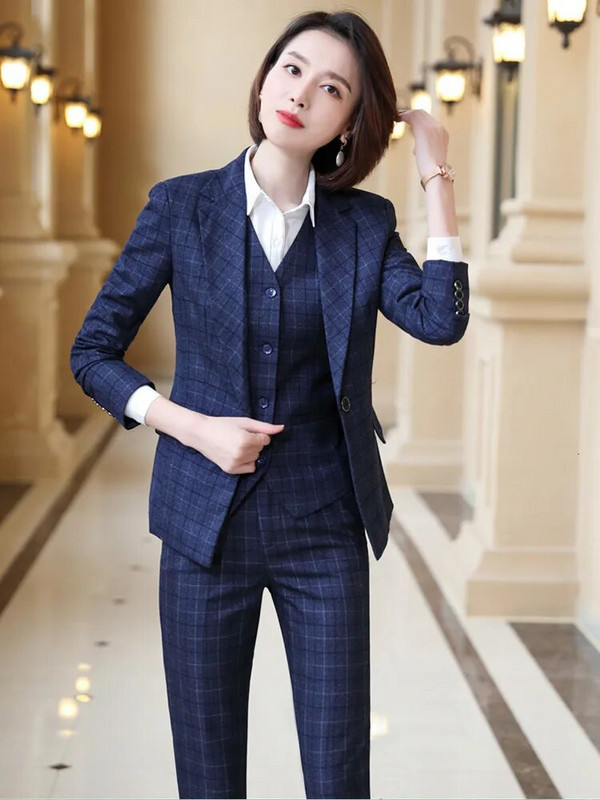 3 dalių rinkinys Verslo darbo uniformos liemenės ir kostiumas su švarku Moteriškas languotas švarkas Biuro moteriškos kelnės 2022 m. rudens žiemos mada