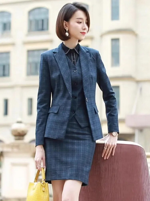 3 dalių rinkinys Verslo darbo uniformos liemenės ir kostiumas su švarku Moteriškas languotas švarkas Biuro moteriškos kelnės 2022 m. rudens žiemos mada