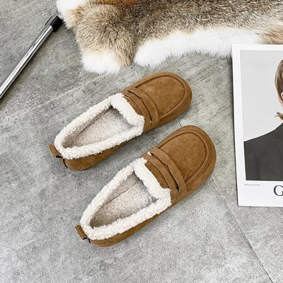 Mokasine Krznene ležerne ženske cipele Kombinirane natikače s okruglim prstima Modis Slip-on s plitkim ustima Zimske mokasine 2023. Nova modna natikače