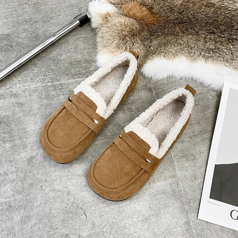 Mokasine Krznene ležerne ženske cipele Kombinirane natikače s okruglim prstima Modis Slip-on s plitkim ustima Zimske mokasine 2023. Nova modna natikače