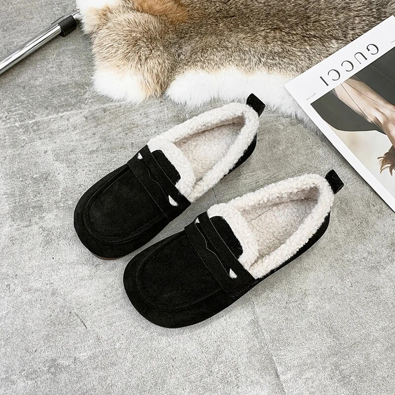 Mokasine Krznene ležerne ženske cipele Kombinirane natikače s okruglim prstima Modis Slip-on s plitkim ustima Zimske mokasine 2023. Nova modna natikače