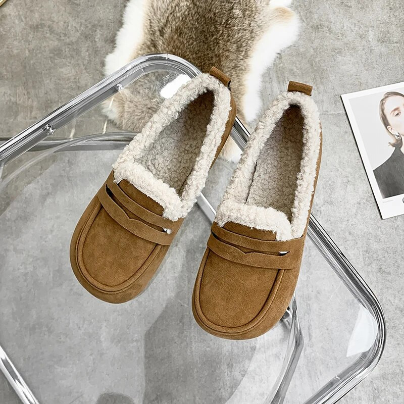 Mokasine Krznene ležerne ženske cipele Kombinirane natikače s okruglim prstima Modis Slip-on s plitkim ustima Zimske mokasine 2023. Nova modna natikače