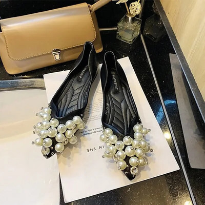 Pavasara pērļu plakanie franču sieviešu apavi ar plakanu zoli, zemu zoli, modes balerīnu mokasīni ikdienas laivu apavi