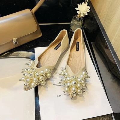 Pavasara pērļu plakanie franču sieviešu apavi ar plakanu zoli, zemu zoli, modes balerīnu mokasīni ikdienas laivu apavi