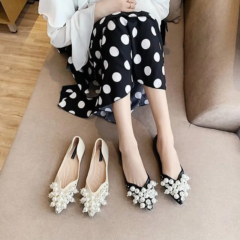 Pavasara pērļu plakanie franču sieviešu apavi ar plakanu zoli, zemu zoli, modes balerīnu mokasīni ikdienas laivu apavi