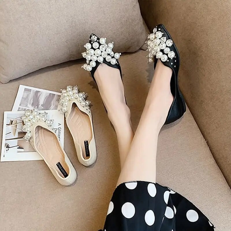 Pavasara pērļu plakanie franču sieviešu apavi ar plakanu zoli, zemu zoli, modes balerīnu mokasīni ikdienas laivu apavi