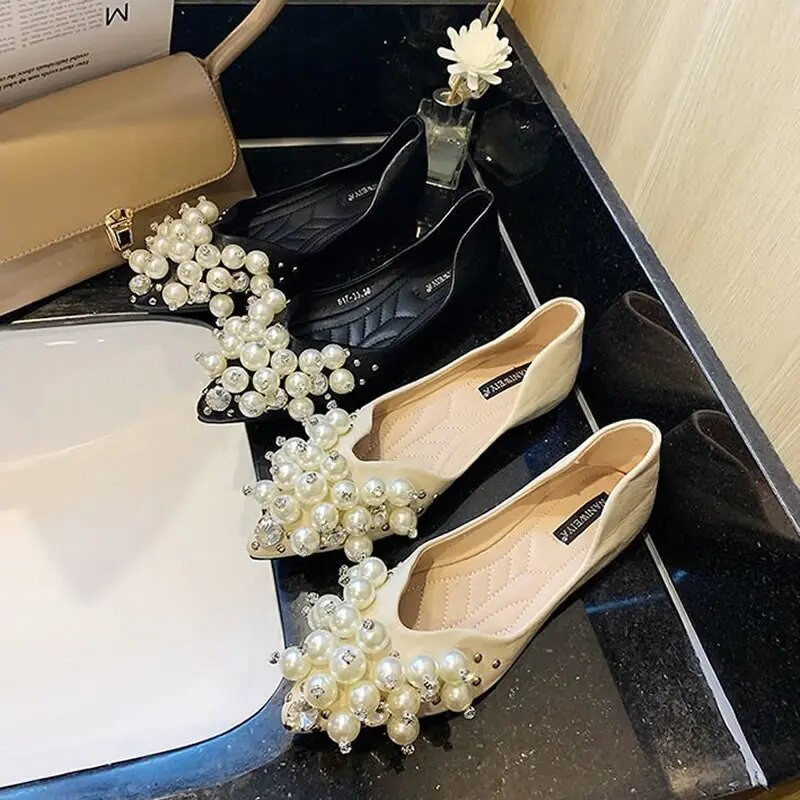 Pavasara pērļu plakanie franču sieviešu apavi ar plakanu zoli, zemu zoli, modes balerīnu mokasīni ikdienas laivu apavi