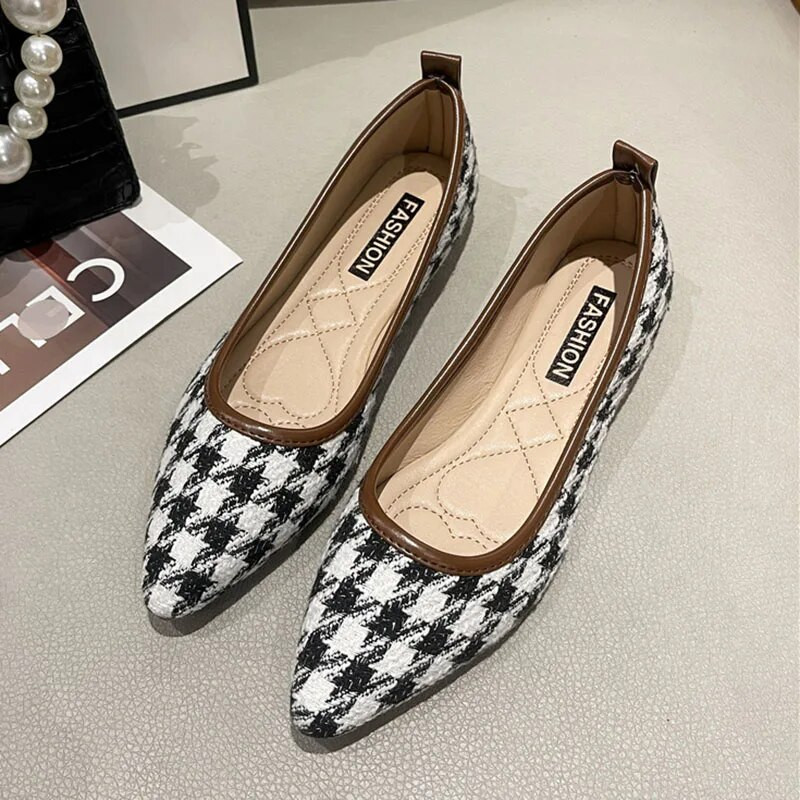 Ženske ravne cipele sa šiljatim vrhom Karirane balerinke Mekane natikače Ženske cipele Plitke Zapatos Mujer Proljeće Jesen 1237N