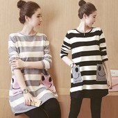 Dugačka majica s dugim rukavima na pruge s dugim rukavima i džepovima s osmijehom na leđima, pamučna majica s jednim kopčanjem i dugim kopčanjem za trudnice veće veličine