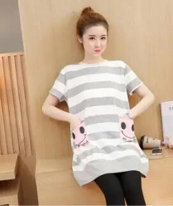 Dugačka majica s dugim rukavima na pruge s dugim rukavima i džepovima s osmijehom na leđima, pamučna majica s jednim kopčanjem i dugim kopčanjem za trudnice veće veličine