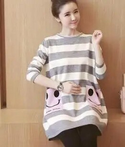 Dugačka majica s dugim rukavima na pruge s dugim rukavima i džepovima s osmijehom na leđima, pamučna majica s jednim kopčanjem i dugim kopčanjem za trudnice veće veličine