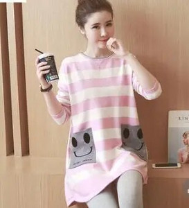 Dugačka majica s dugim rukavima na pruge s dugim rukavima i džepovima s osmijehom na leđima, pamučna majica s jednim kopčanjem i dugim kopčanjem za trudnice veće veličine