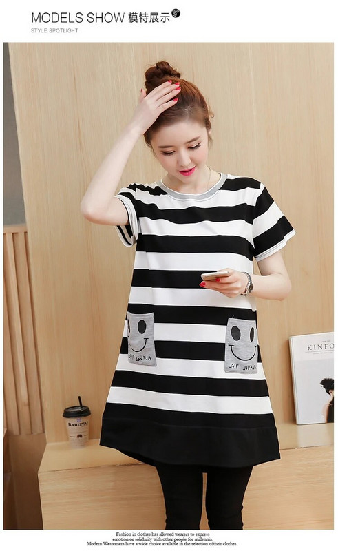 Dugačka majica s dugim rukavima na pruge s dugim rukavima i džepovima s osmijehom na leđima, pamučna majica s jednim kopčanjem i dugim kopčanjem za trudnice veće veličine