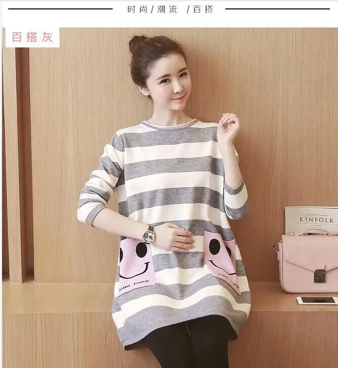 Dugačka majica s dugim rukavima na pruge s dugim rukavima i džepovima s osmijehom na leđima, pamučna majica s jednim kopčanjem i dugim kopčanjem za trudnice veće veličine