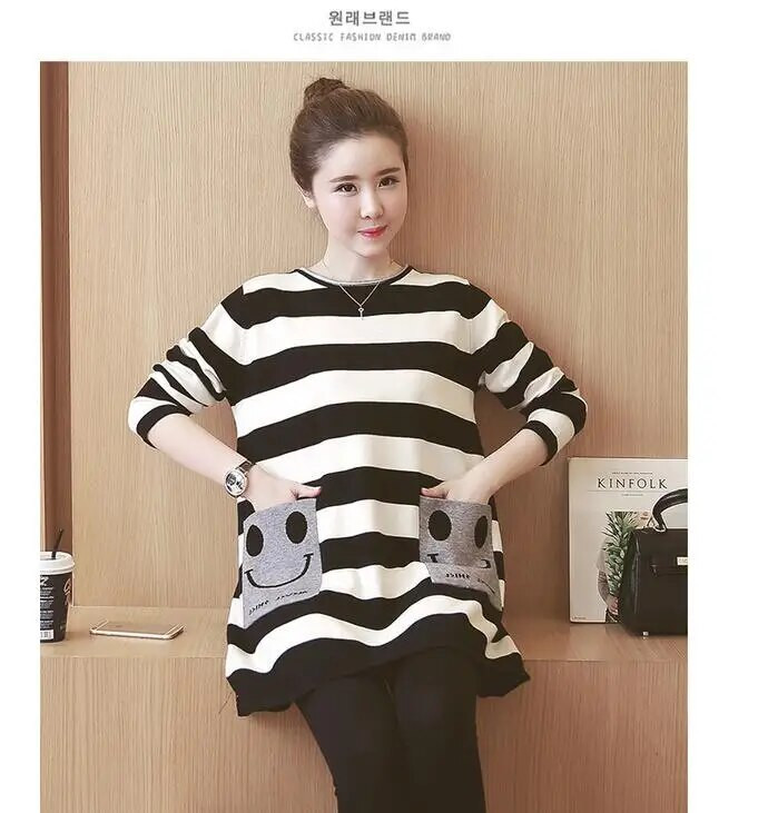 Dugačka majica s dugim rukavima na pruge s dugim rukavima i džepovima s osmijehom na leđima, pamučna majica s jednim kopčanjem i dugim kopčanjem za trudnice veće veličine