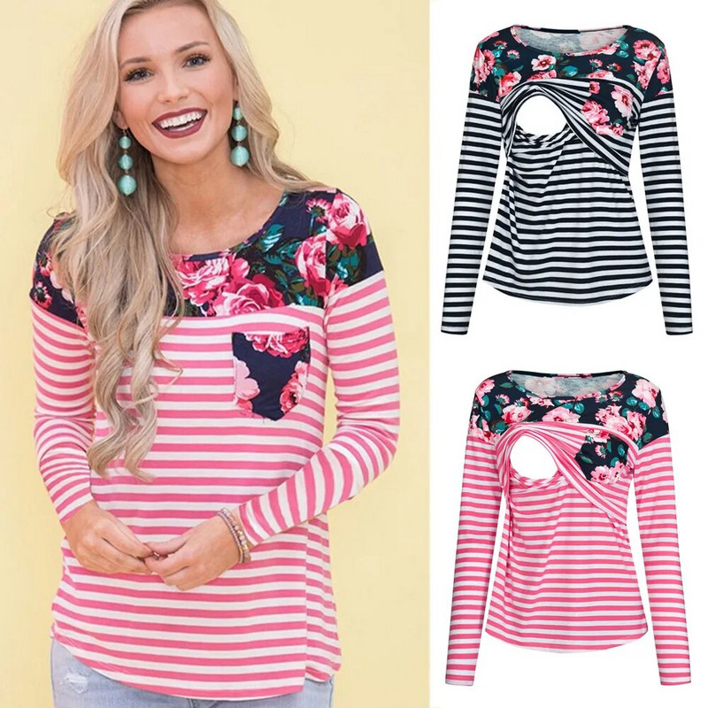 Sieviešu Grūtnieču T-krekli Apģērbi Vasaras Rudens Garām Piedurknēm Strīpām Barošanas Krekli Grūtniecības Apģērbi Liela izmēra