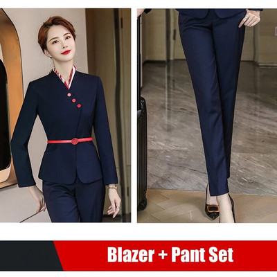 Modes dāmu tumši zils žakete sieviešu biznesa kostīmi bikses un jakas komplekti darba biroja formas tērpi