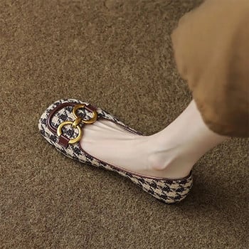 Нови дамски плоски обувки тип лодка Карирани плоски обувки с приплъзване Метални мокасини Костюми Дизайнерски обувки от туид за жени Есен