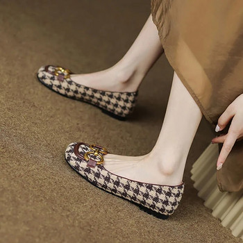 Нови дамски плоски обувки тип лодка Карирани плоски обувки с приплъзване Метални мокасини Костюми Дизайнерски обувки от туид за жени Есен
