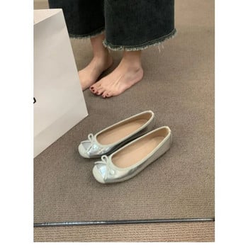 Сребърни единични обувки с дебел ток във френски стил за жени 2023, нови летни универсални балетни обувки с лък за външна търговия