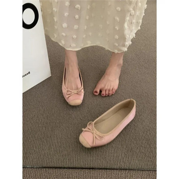 Сребърни единични обувки с дебел ток във френски стил за жени 2023, нови летни универсални балетни обувки с лък за външна търговия