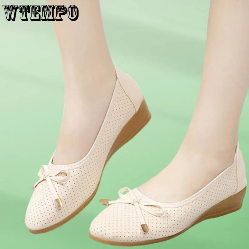 WTEMPO Ženske baletne cipele Ravne izrezane kožne Breathbale Bow Round Head Ženske cipele za čamac Balerinke Ženske cipele Veleprodaja