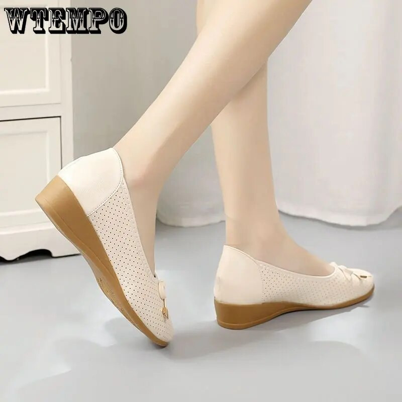 WTEMPO Ženske baletne cipele Ravne izrezane kožne Breathbale Bow Round Head Ženske cipele za čamac Balerinke Ženske cipele Veleprodaja