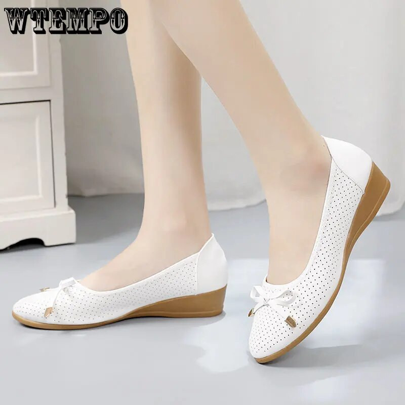 WTEMPO Ženske baletne cipele Ravne izrezane kožne Breathbale Bow Round Head Ženske cipele za čamac Balerinke Ženske cipele Veleprodaja