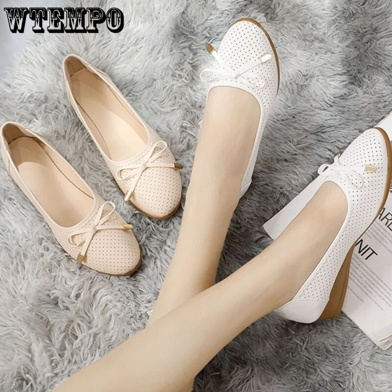 WTEMPO Ženske baletne cipele Ravne izrezane kožne Breathbale Bow Round Head Ženske cipele za čamac Balerinke Ženske cipele Veleprodaja