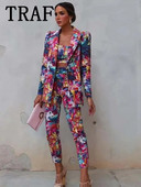 TRAF Kompleti hlača za žene 2-dijelni modni blejzeri s printom Žensko odijelo Jesen 2023. Elegantni novi dvodijelni komplet ženske odjeće