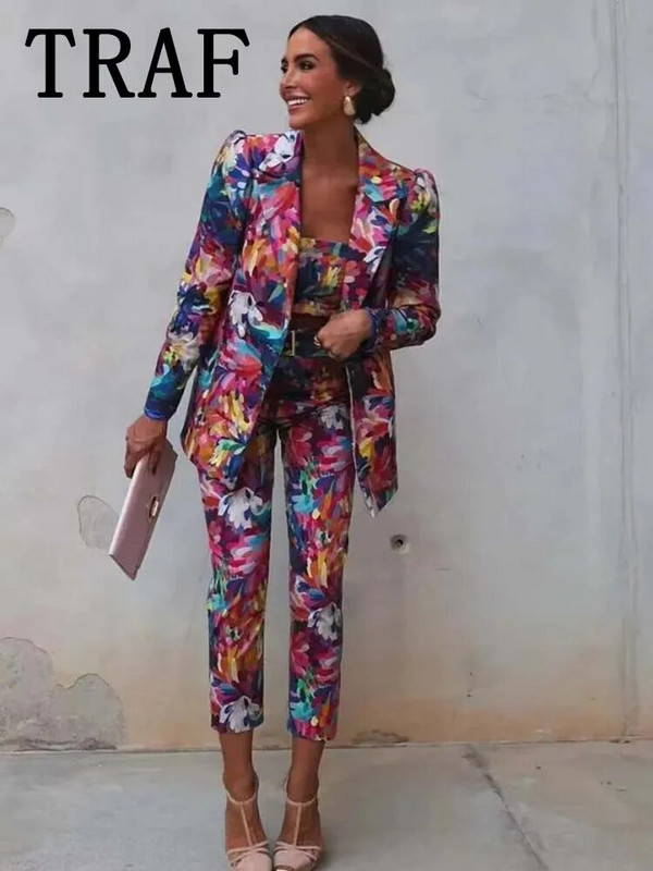 TRAF Kompleti hlača za žene 2-dijelni modni blejzeri s printom Žensko odijelo Jesen 2023. Elegantni novi dvodijelni komplet ženske odjeće