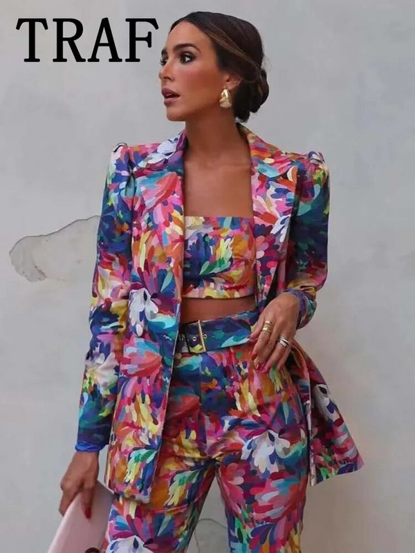 TRAF Kompleti hlača za žene 2-dijelni modni blejzeri s printom Žensko odijelo Jesen 2023. Elegantni novi dvodijelni komplet ženske odjeće