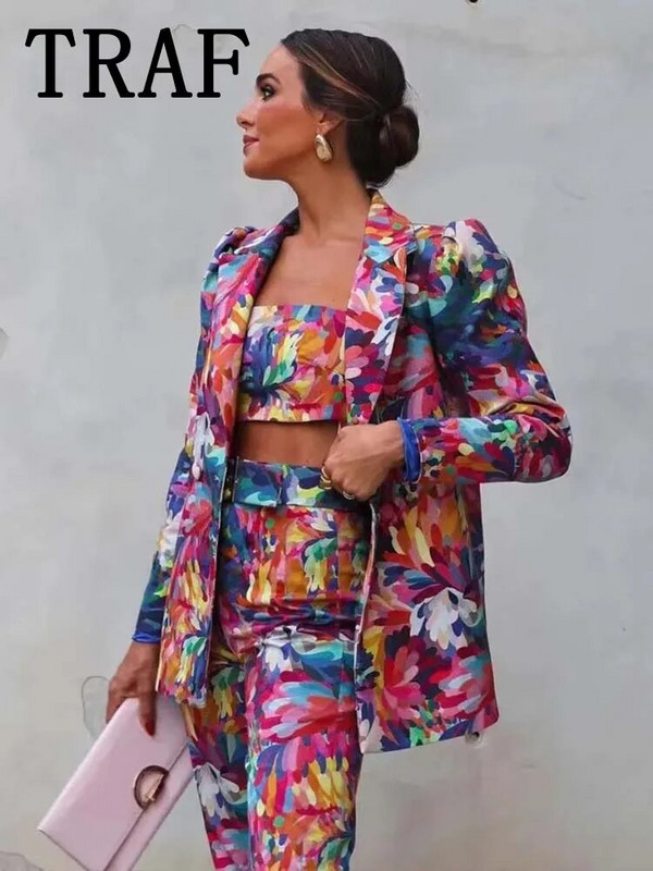 TRAF Kompleti hlača za žene 2-dijelni modni blejzeri s printom Žensko odijelo Jesen 2023. Elegantni novi dvodijelni komplet ženske odjeće