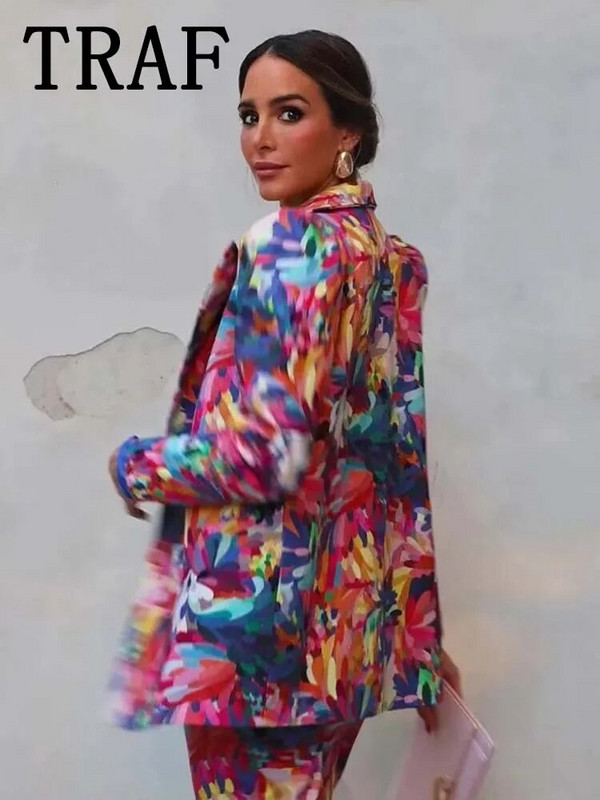 TRAF Kompleti hlača za žene 2-dijelni modni blejzeri s printom Žensko odijelo Jesen 2023. Elegantni novi dvodijelni komplet ženske odjeće