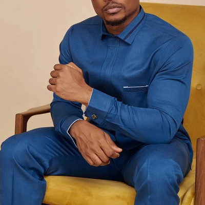 Vīriešu uzvalks kāzu stendam Apkakles rūtains krekls ar garām piedurknēm bikses afrikāņu etniskais bizness 2daļīgs komplekti vīriešu apģērbi tērpi valkāt