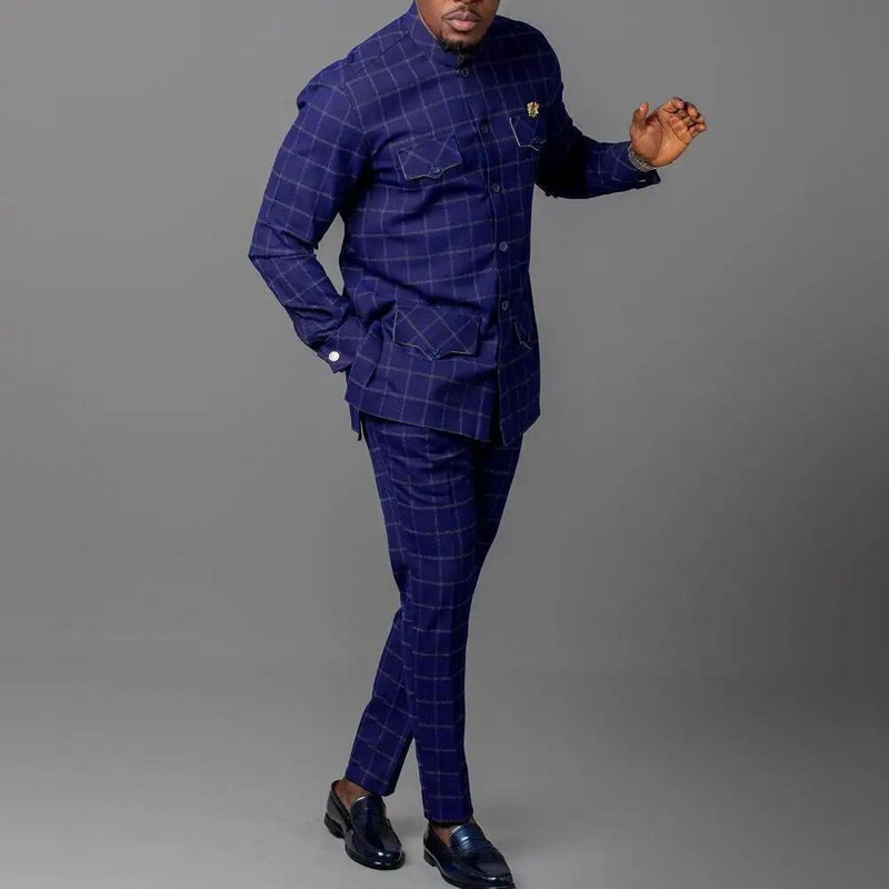 Vīriešu uzvalks kāzu stendam Apkakles rūtains krekls ar garām piedurknēm bikses afrikāņu etniskais bizness 2daļīgs komplekti vīriešu apģērbi tērpi valkāt