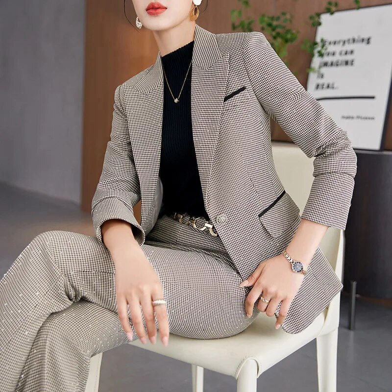 Tesco Jesenski ženski crno-bijeli karirani blejzer odijelo za dame Svečana odijela za žene nose hlače sa šljokicama 2-dijelni komplet sako mujer