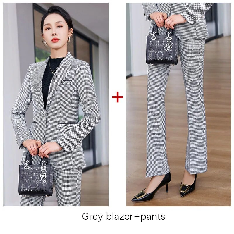 Tesco Jesenski ženski crno-bijeli karirani blejzer odijelo za dame Svečana odijela za žene nose hlače sa šljokicama 2-dijelni komplet sako mujer