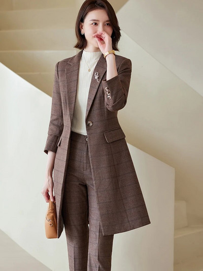 Ženska radna poslovna odjeća Odijelo s hlačama Crveno plava crna kava karirani dugi sako Set od 2 komada Ženska uredska ženska jakna i hlače