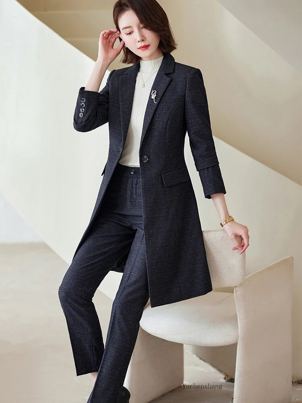 Ženska radna poslovna odjeća Odijelo s hlačama Crveno plava crna kava karirani dugi sako Set od 2 komada Ženska uredska ženska jakna i hlače