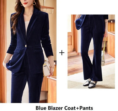 Visokokvalitetna tkanina Baršun Jesen Zima Ženska poslovna radna odjeća Odijela s hlačama Formalni OL stilovi Profesionalni komplet hlača