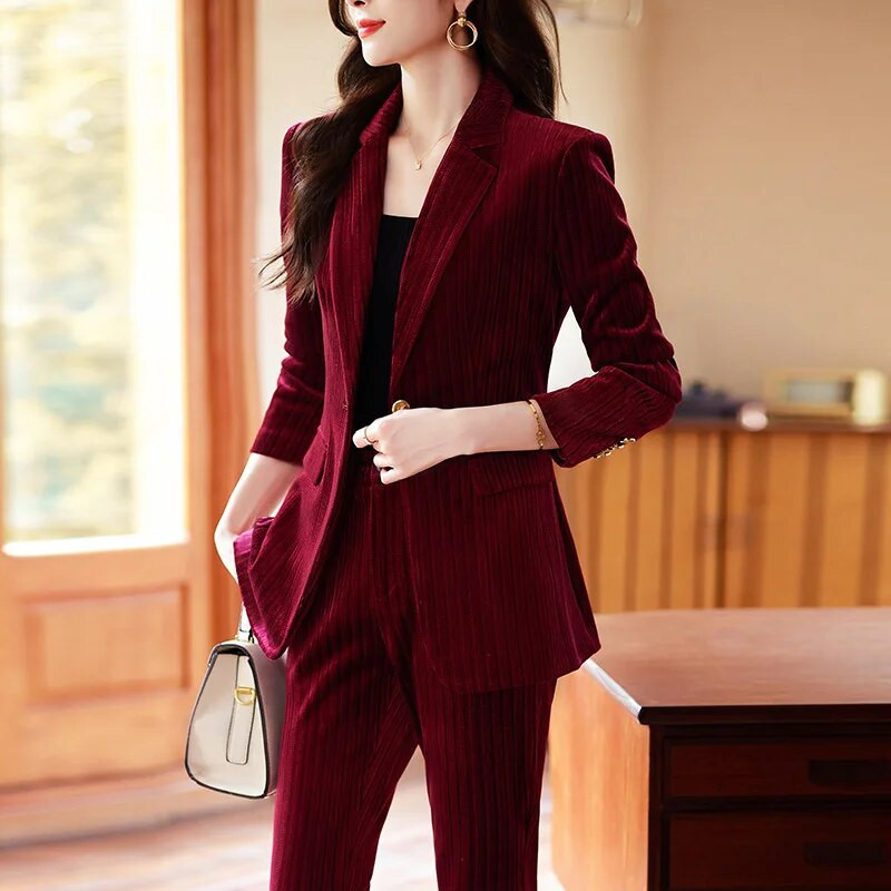 Visokokvalitetna tkanina Baršun Jesen Zima Ženska poslovna radna odjeća Odijela s hlačama Formalni OL stilovi Profesionalni komplet hlača