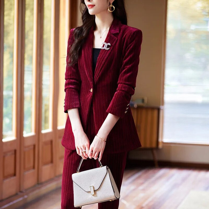 Visokokvalitetna tkanina Baršun Jesen Zima Ženska poslovna radna odjeća Odijela s hlačama Formalni OL stilovi Profesionalni komplet hlača