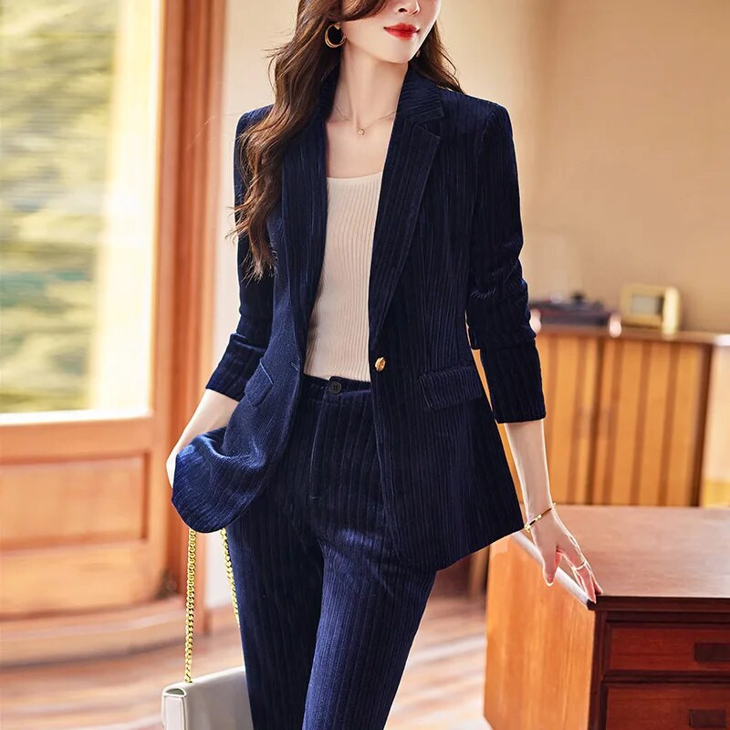 Visokokvalitetna tkanina Baršun Jesen Zima Ženska poslovna radna odjeća Odijela s hlačama Formalni OL stilovi Profesionalni komplet hlača