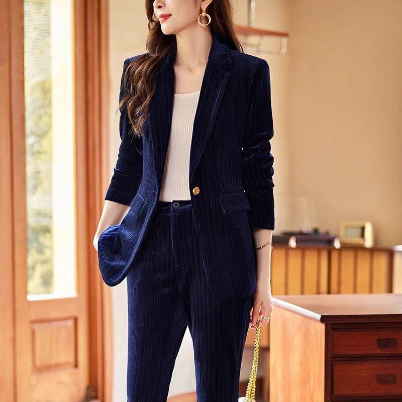 Visokokvalitetna tkanina Baršun Jesen Zima Ženska poslovna radna odjeća Odijela s hlačama Formalni OL stilovi Profesionalni komplet hlača