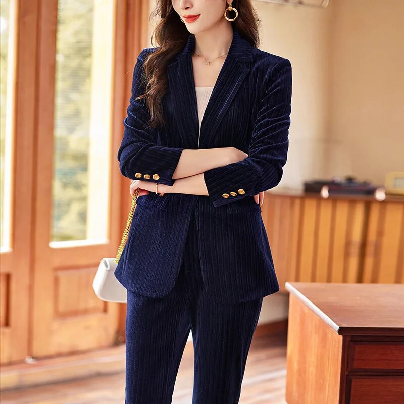Visokokvalitetna tkanina Baršun Jesen Zima Ženska poslovna radna odjeća Odijela s hlačama Formalni OL stilovi Profesionalni komplet hlača