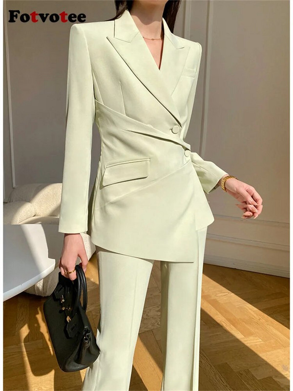 Fotvotee masīvs sieviešu uzvalka komplekts, 2023. gada jauns modes biroja dāmu uzvalks, šaurs žakete, brīvs bikses, kostīmi ar augstu vidukli