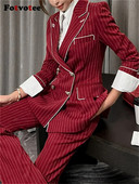Fotvotee Ženski komplet prugastih odijela 2023. Novi modni uredski ženski uski sakoi s dvostrukim kopčanjem Chic ležerna odijela s hlačama visokog struka